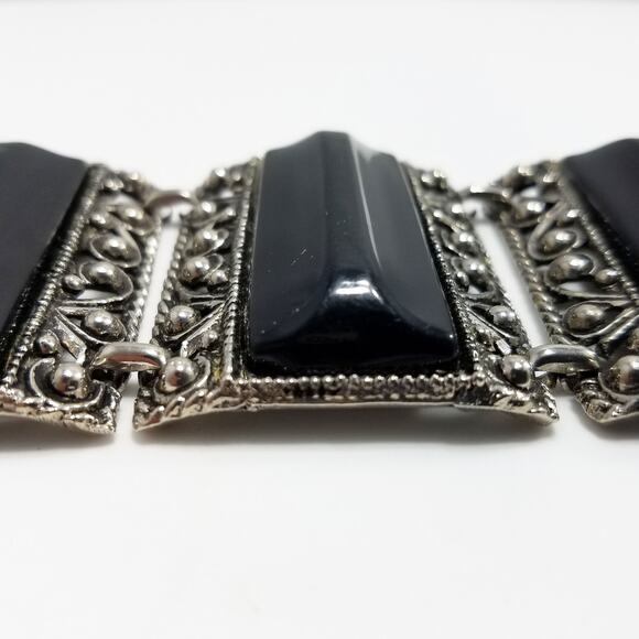 Vintage Selro Style Bracelet, Raised Lucite Black Panels, Chunky Wide - Picture 10 of 10
